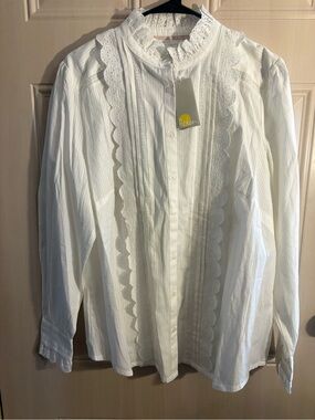 Boden Women’s size 20-22 NWT white cottagecore long sleeve Broderie Ruffle top